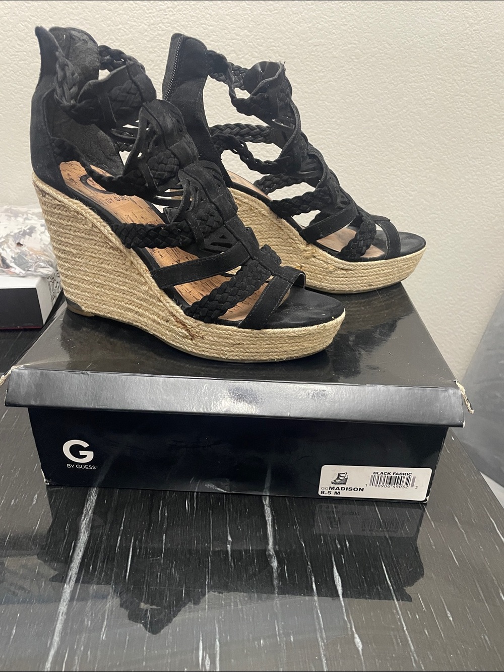 G by Guess Black Braided Jute Espadrille Wedge Sandals